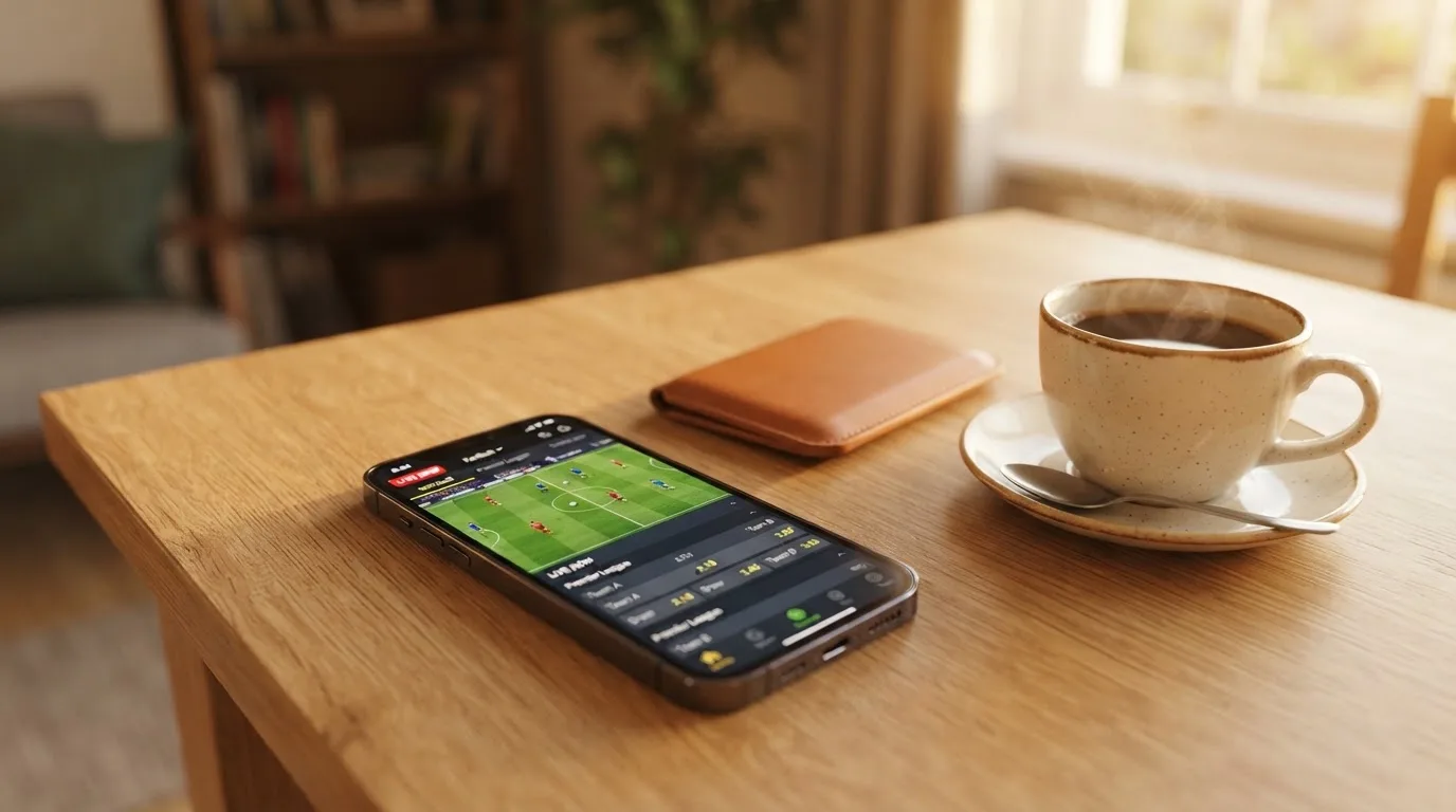 A smartphone on a wooden table beside a wallet and a coffee cup