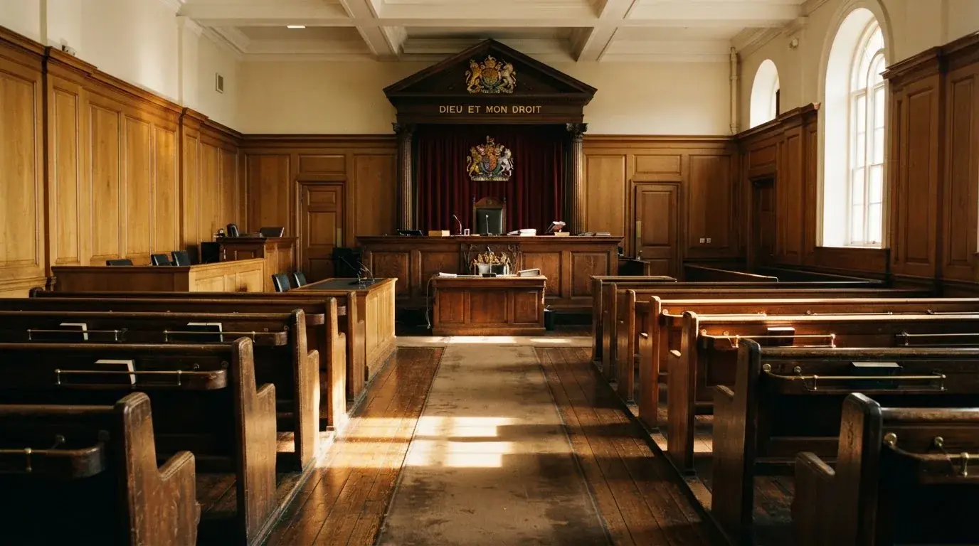 An empty courtroom with wooden benches in morning light