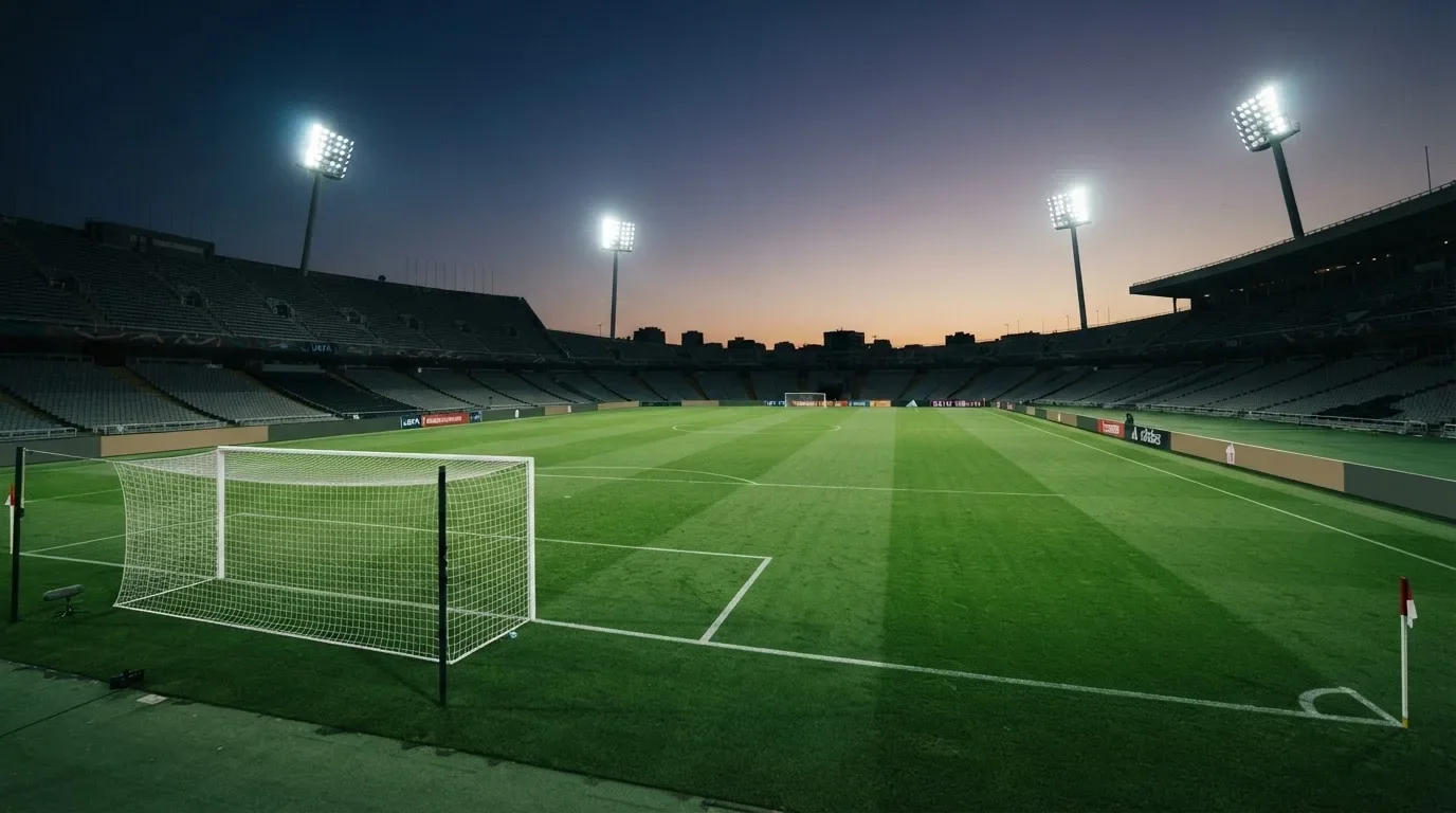 An empty football stadium with floodlight masts at dusk