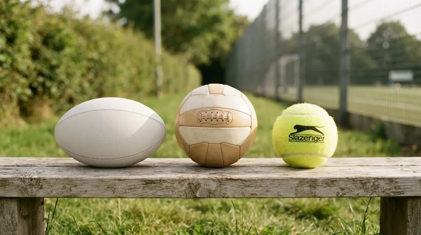 Three balls of different kinds side by side on a wooden bench