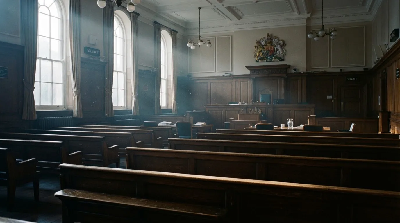 An empty courtroom with wooden benches in morning light