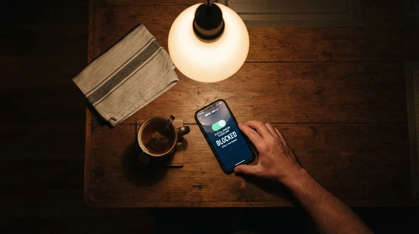 A hand setting a smartphone down beside a cup of tea on a kitchen table on a quiet evening